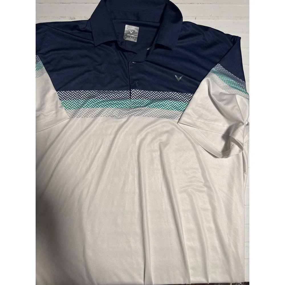 Callaway Opti-Dri Golf Polo Shirt Navy Blue‎ White Chevron Stripe Mens Large L